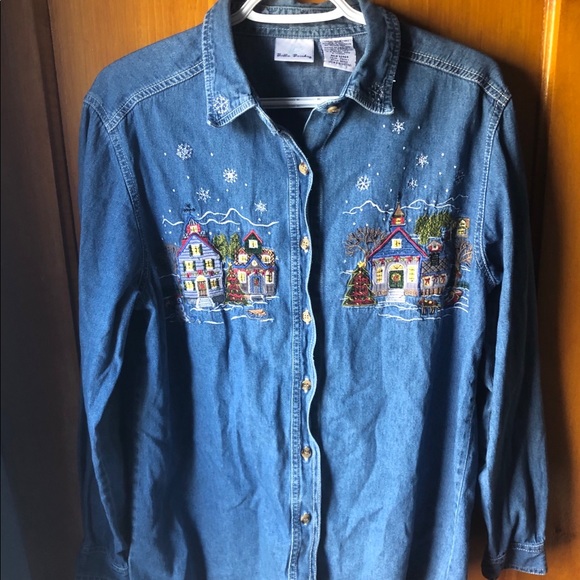 Vintage Bobbie Brooks Demin Christmas Button Down - Picture 1 of 6